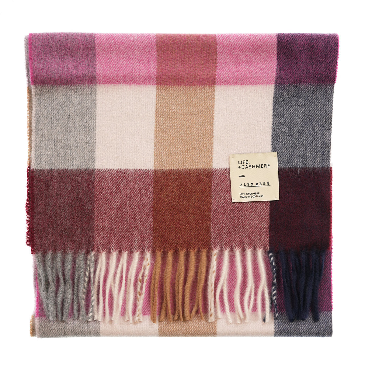 Balmoral 100% Cashmere Woven Scarf Tartan and Checks - Made in Scotland - BLOCK CHECK NEW PINK