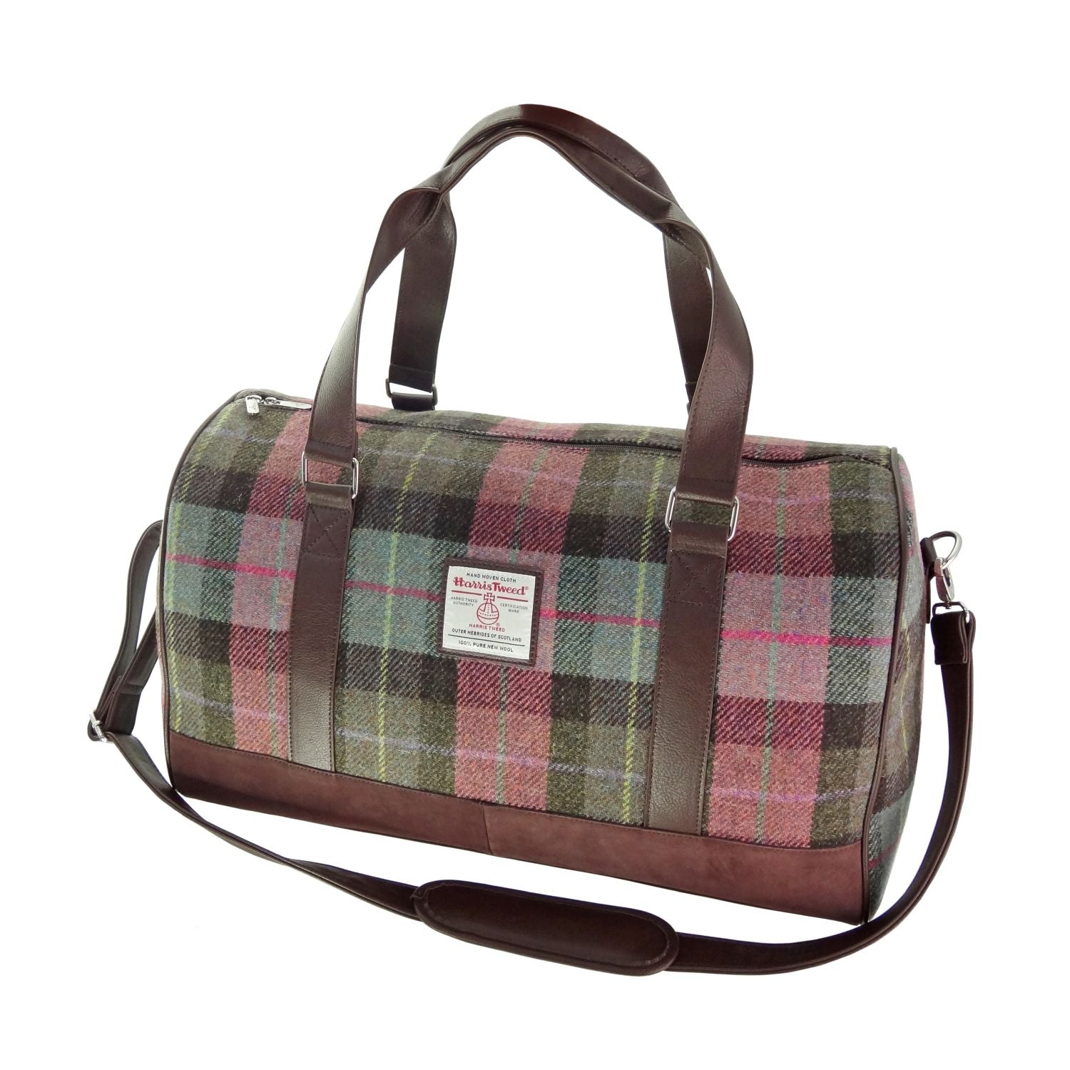 Harris Tweed Clyde Weekend Bag – Spacious Wool Travel Holdall - Muted Green & Purple Tartan (COL137)