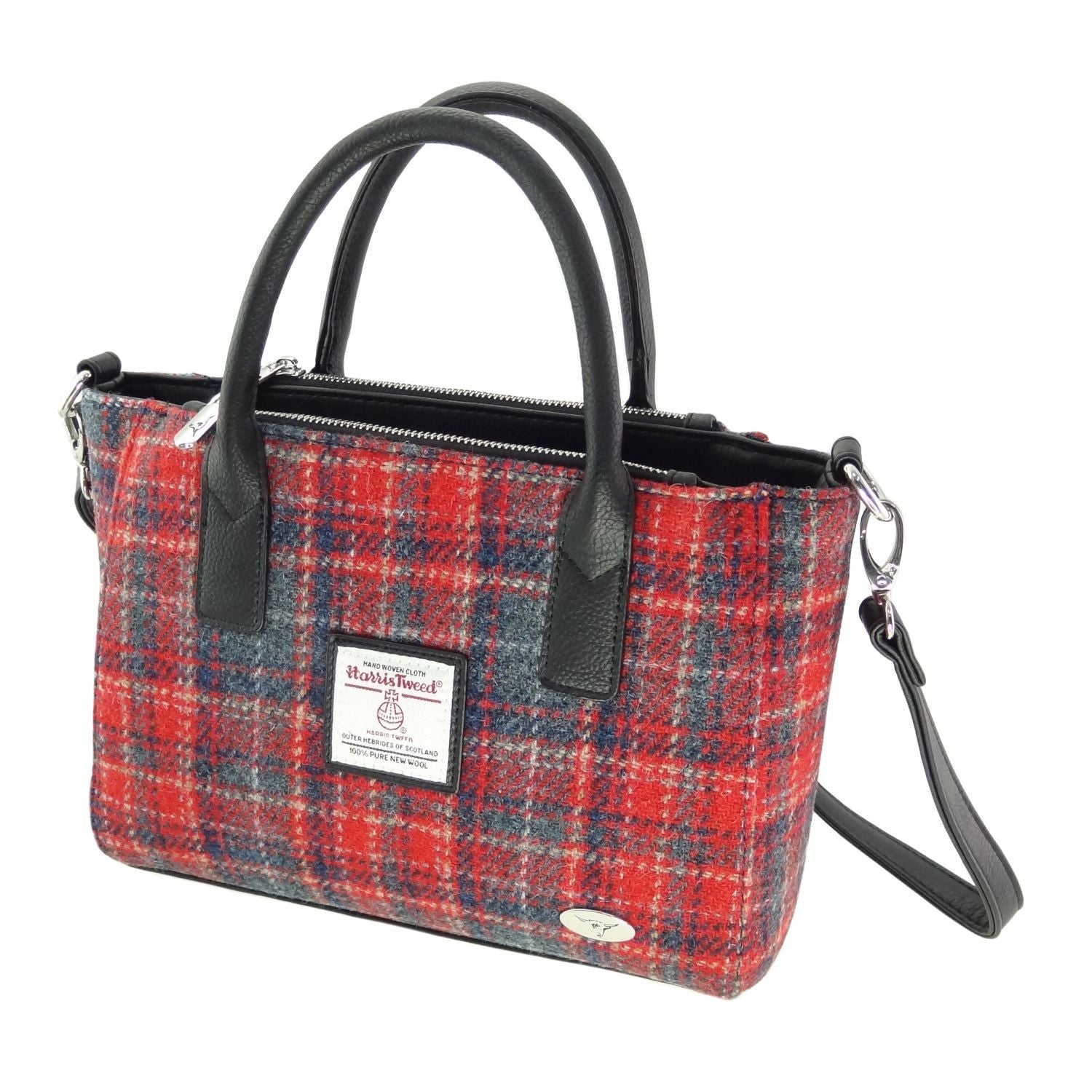 Harris Tweed Brora Small Tote - Compact Wool Tote Bag - Red & Grey Tartan (COL158)