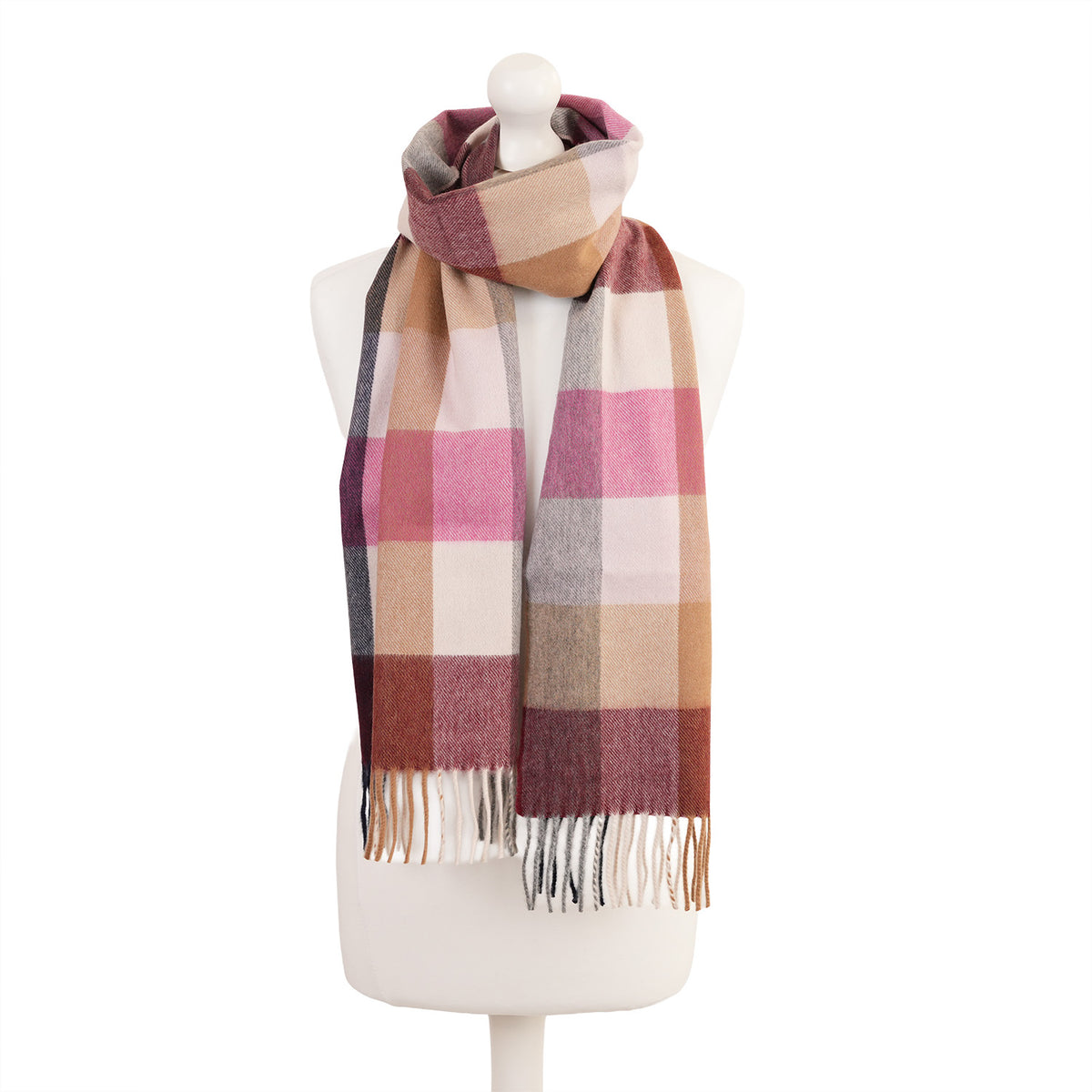 Balmoral 100% Cashmere Woven Scarf Tartan and Checks - Made in Scotland - BLOCK CHECK NEW PINK