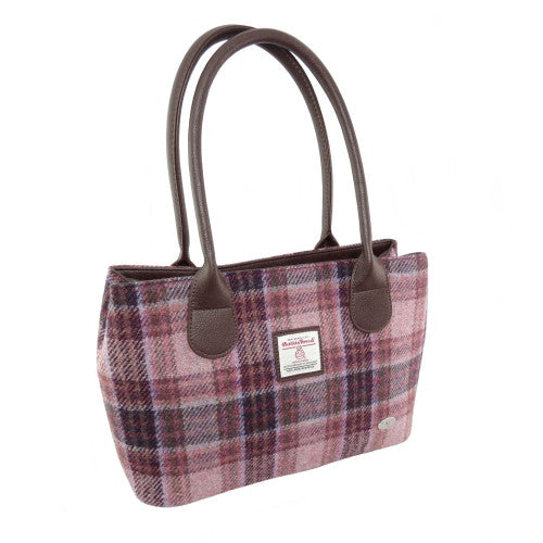 Harris Tweed Cassley Classic Handbag - Elegant Tartan Shoulder Bag - Pink/Burgundy Check (COL154)