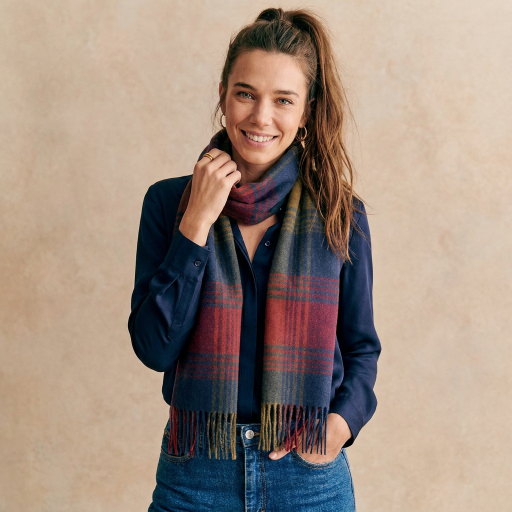 Edinburgh Cashmere Premium Lightweight Scarf - Ultra-Soft Luxury Wrap - Broken Check - Burgundy