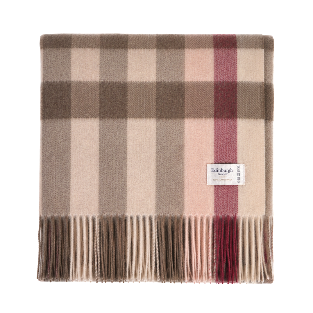 100% Pure Lambswool Blanket Throw – Luxury Soft Warm Wool Blanket - Home Décor - GIANT CHEQUER - PINK AND TAUPE