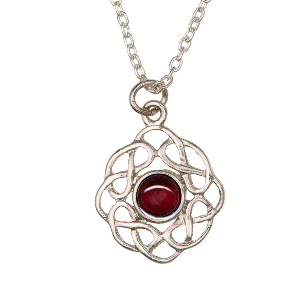 Art Pewter Celtic Birthstone Pendant – Silver-Plated Pewter - Made in Scotland - January (Garnet)