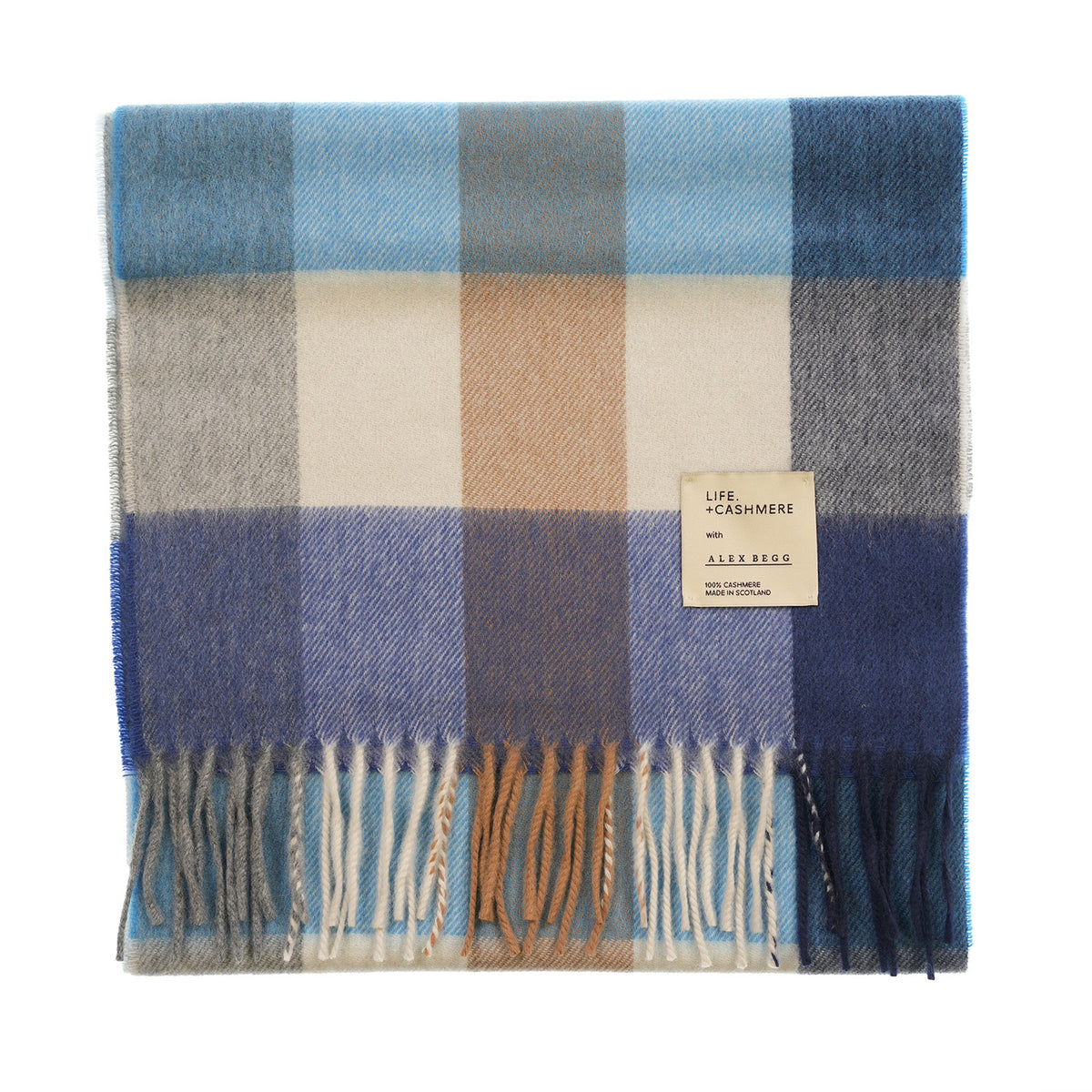 Balmoral 100% Cashmere Woven Scarf Tartan and Checks - Made in Scotland - BLOCK CHECK BLUE