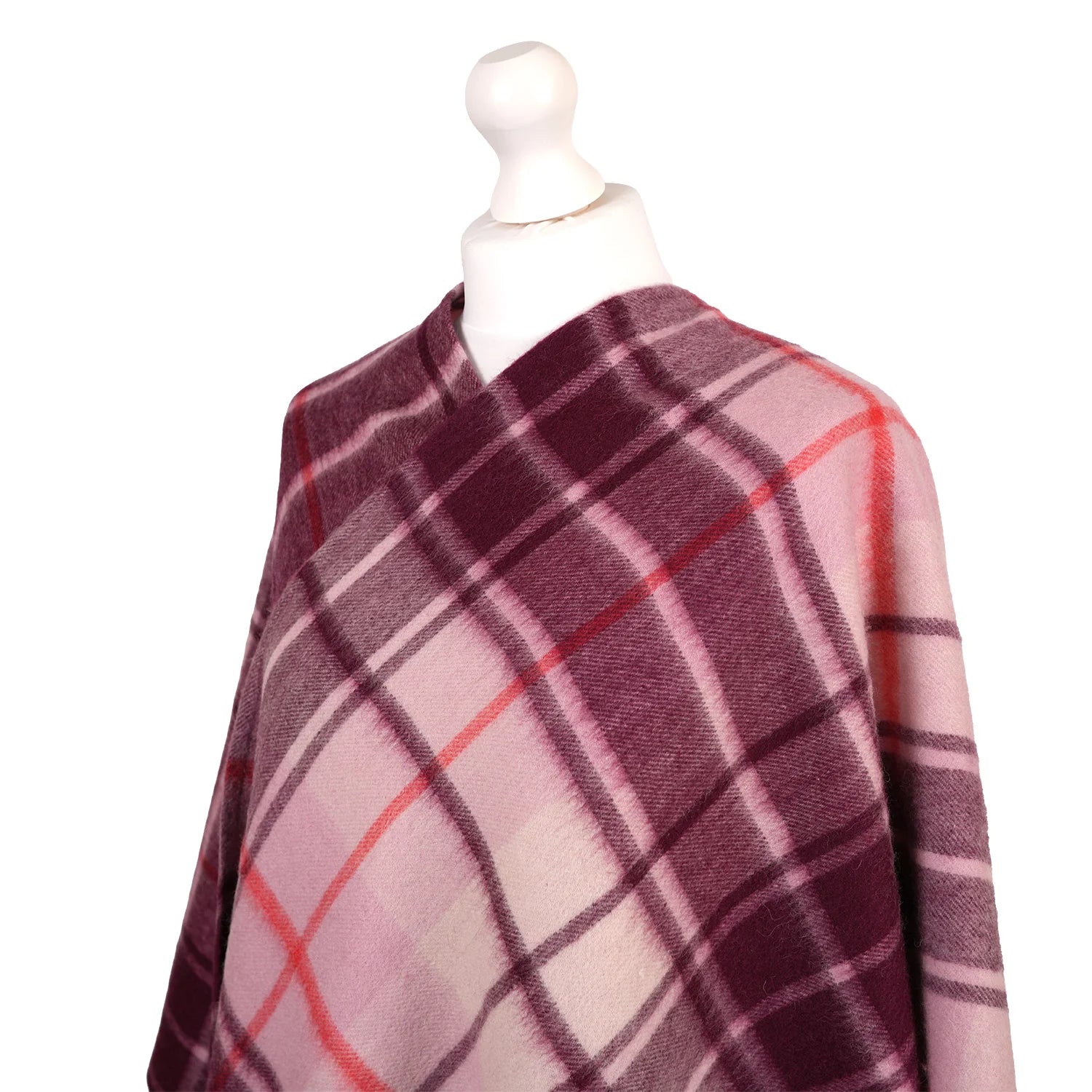 Edinburgh Lambswool Long Tartan Cape Mill Check Pink