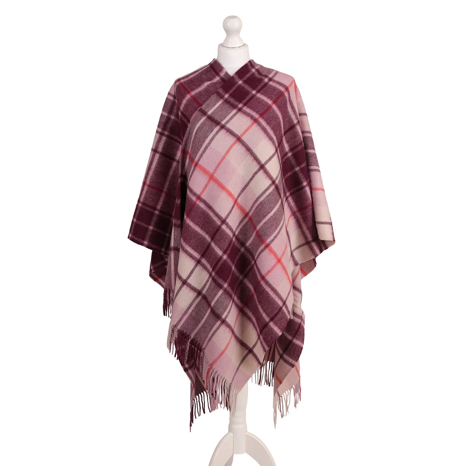 Edinburgh Lambswool Long Tartan Cape Mill Check Pink