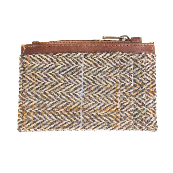 Ht Leather Coin Purse With Card Holder Tan & Brown Herringbone / Tan