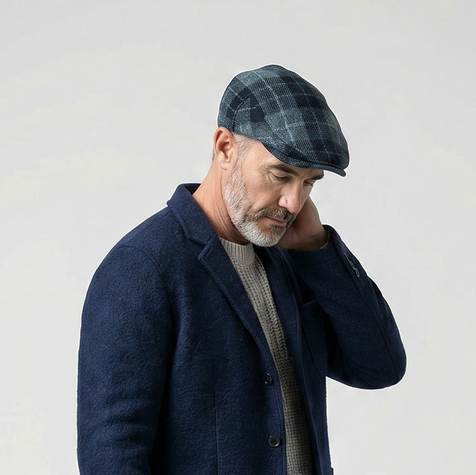 HEDDLE & REED Harris Tweed Flat Wool Cap - Black Grey Check