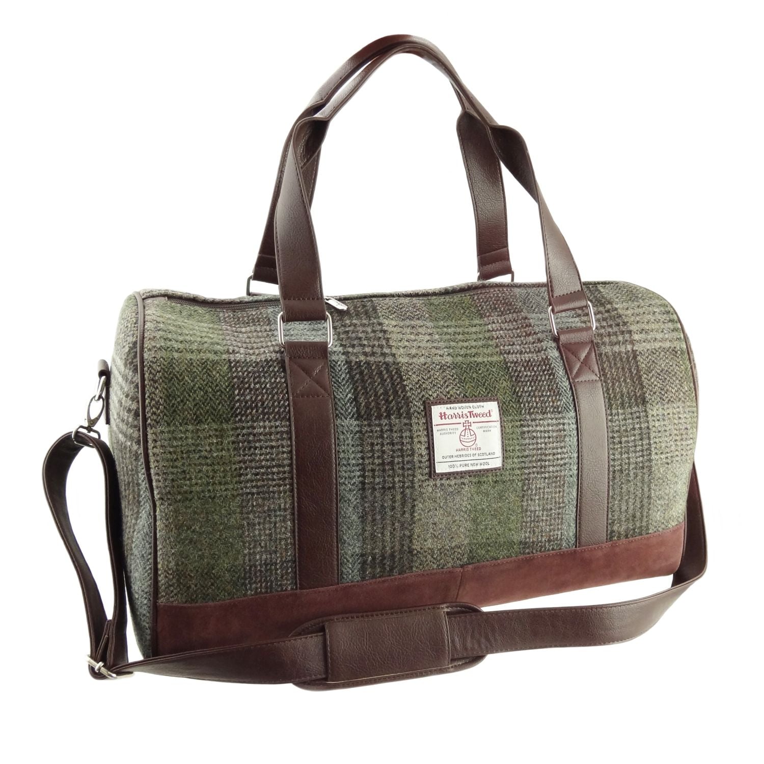 Harris Tweed Clyde Weekend Bag – Spacious Wool Travel Holdall - Green Patchwork (COL016)