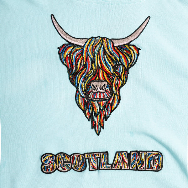 Colourful Highland Cow Embroidered Hooded Top - Aqua
