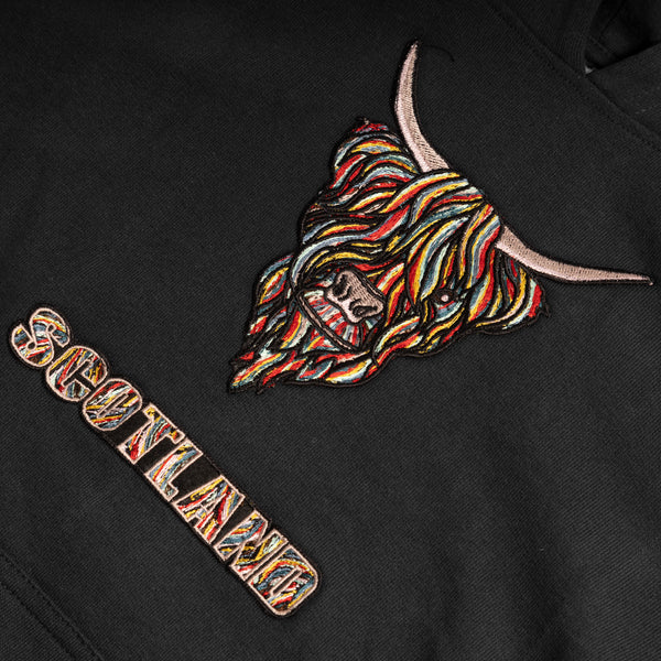 Colourful Highland Cow Embroidered Hooded Top - Black