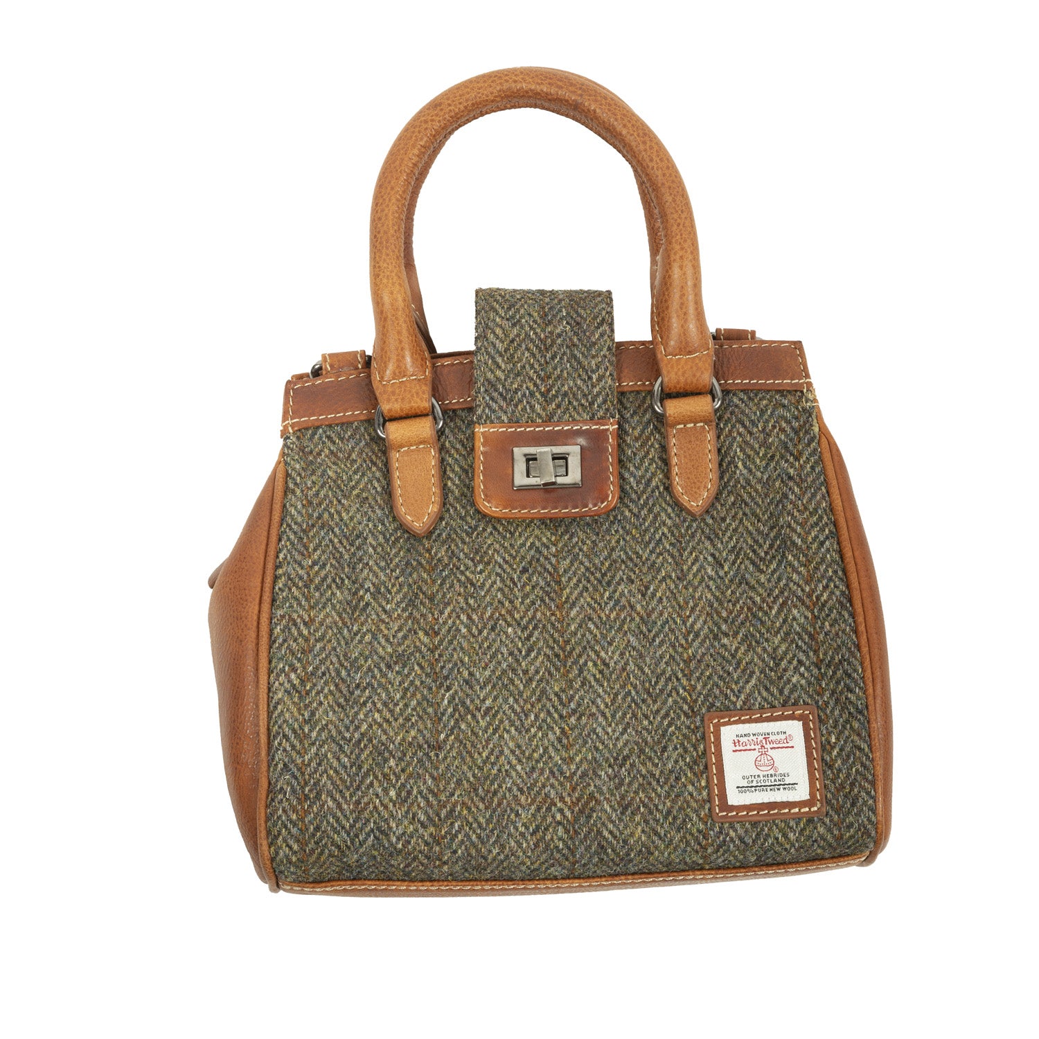 Ht Leather Hand Bag With Flap Closer Brown Herringbone / Tan