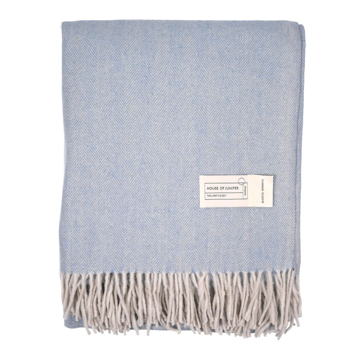 Recycled Wool Herringbone Blanket with Fringe - Soft Warm Throw - CORNFLOWER
