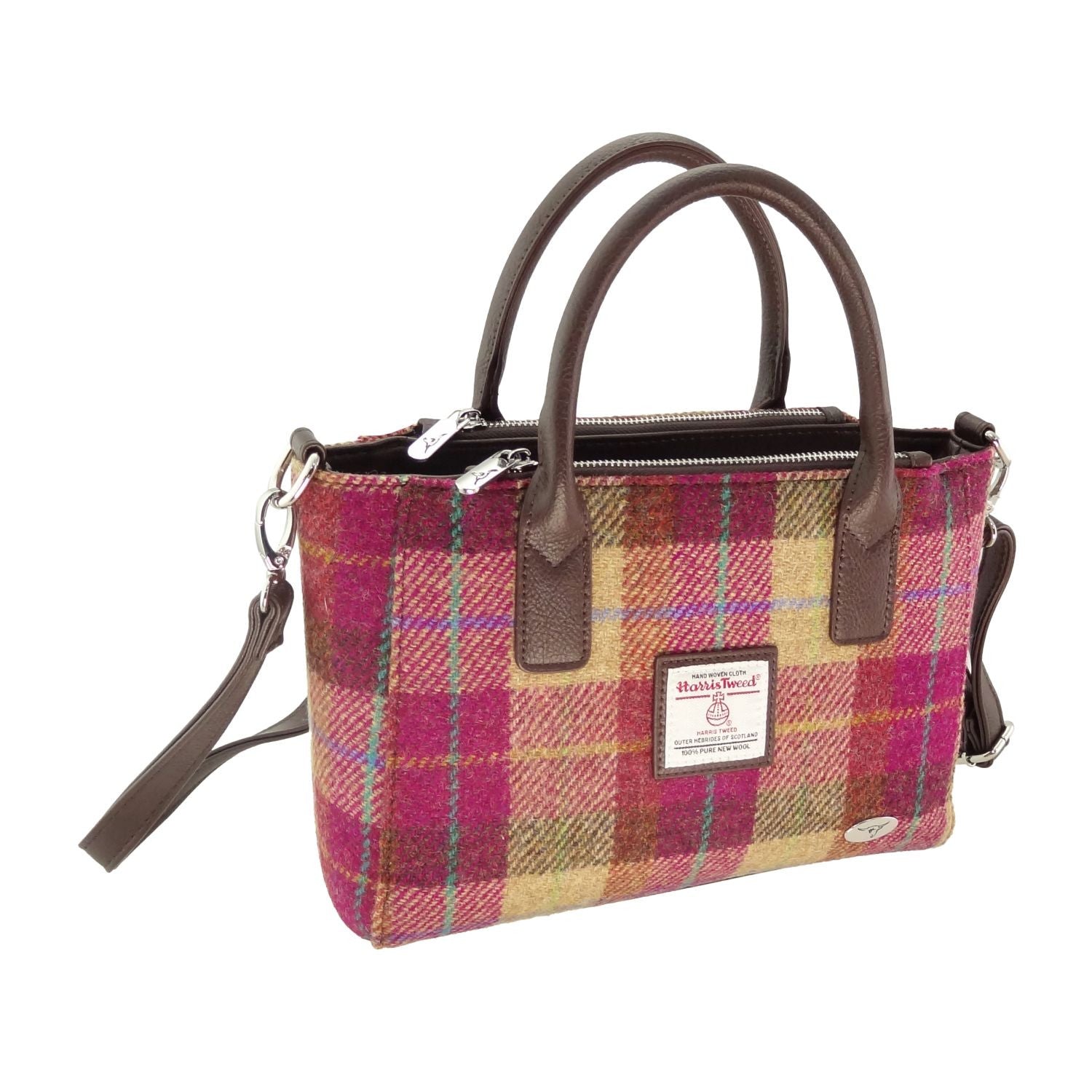 Harris Tweed Brora Small Tote - Compact Wool Tote Bag - Burgundy & Sand Tartan (COL159)