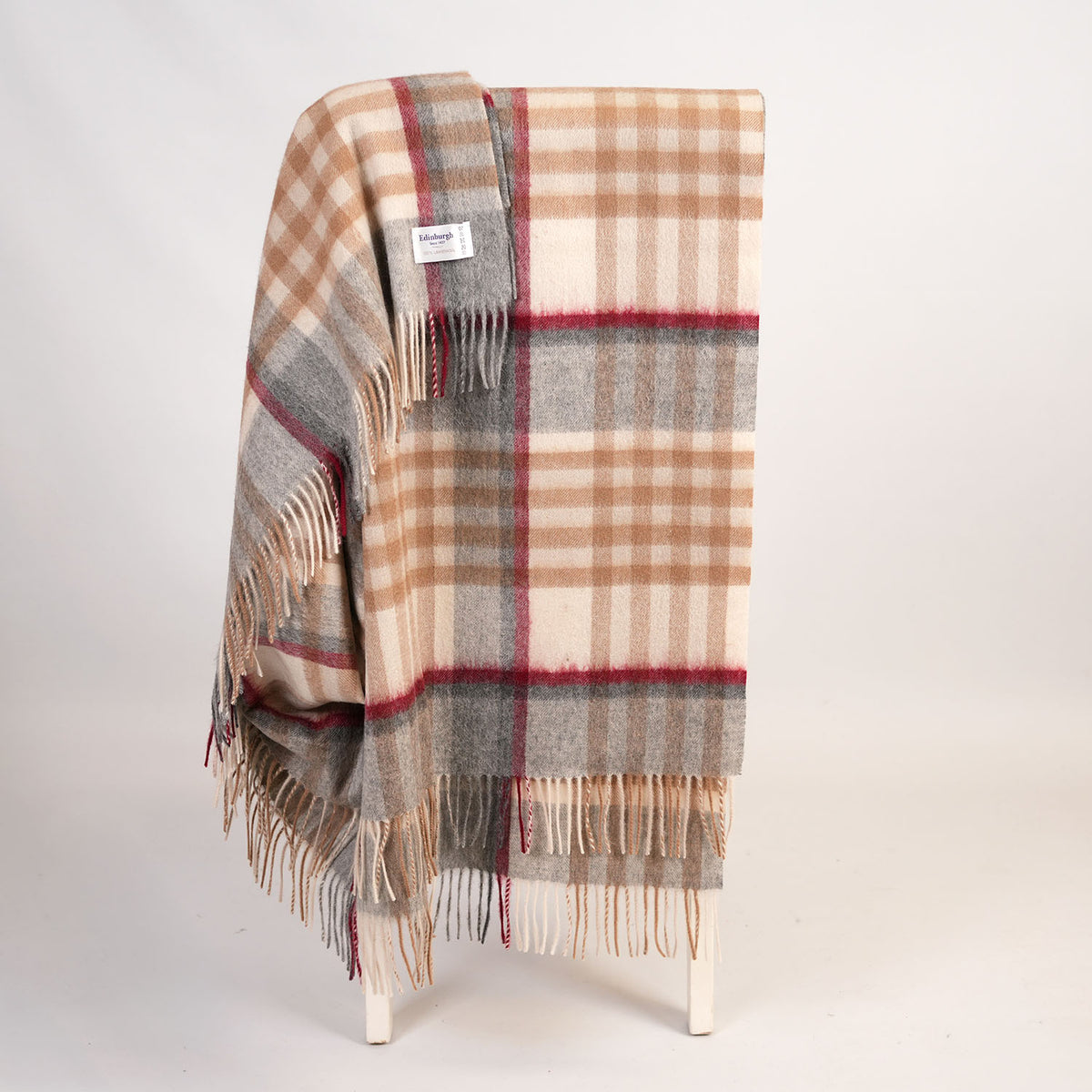 100% Pure Lambswool Blanket Throw – Luxury Soft Warm Wool Blanket - Home Décor - CHEQUER TARTAN CAMEL AND GREY