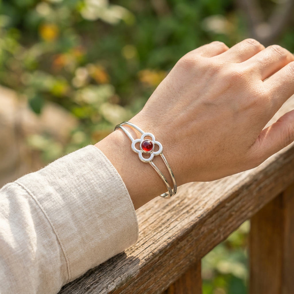Art Pewter Birthstone Bangle - Silver Plated Pewter - Made in Scotland - July (Ruby)