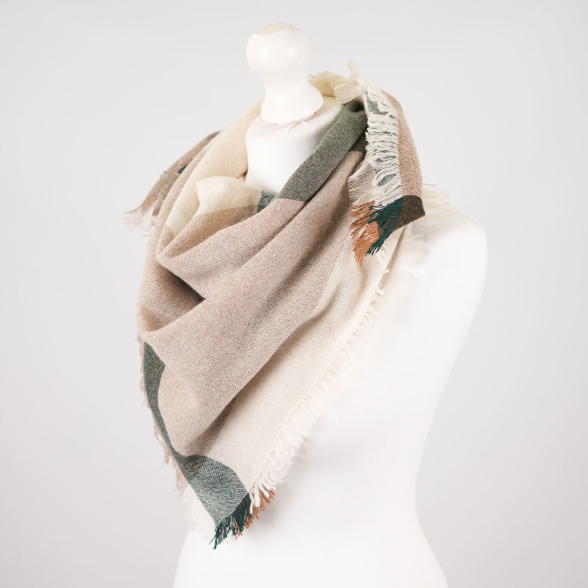 Earthy Block 100% Cashmere Square Scarf - FOREST GREEN