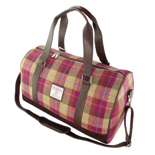 Harris Tweed Clyde Weekend Bag – Spacious Wool Travel Holdall - Burgundy & Sand Tartan (COL159)