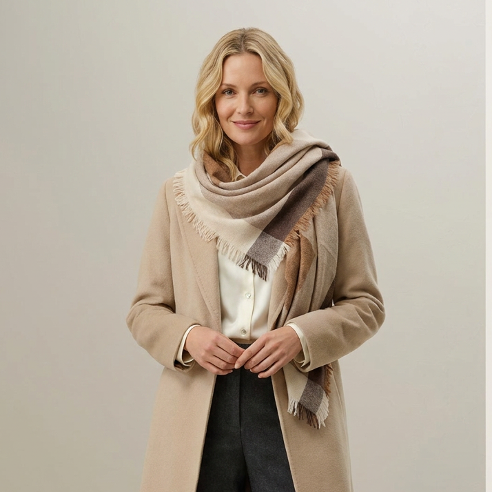 Earthy Block 100% Cashmere Square Scarf - NATURAL