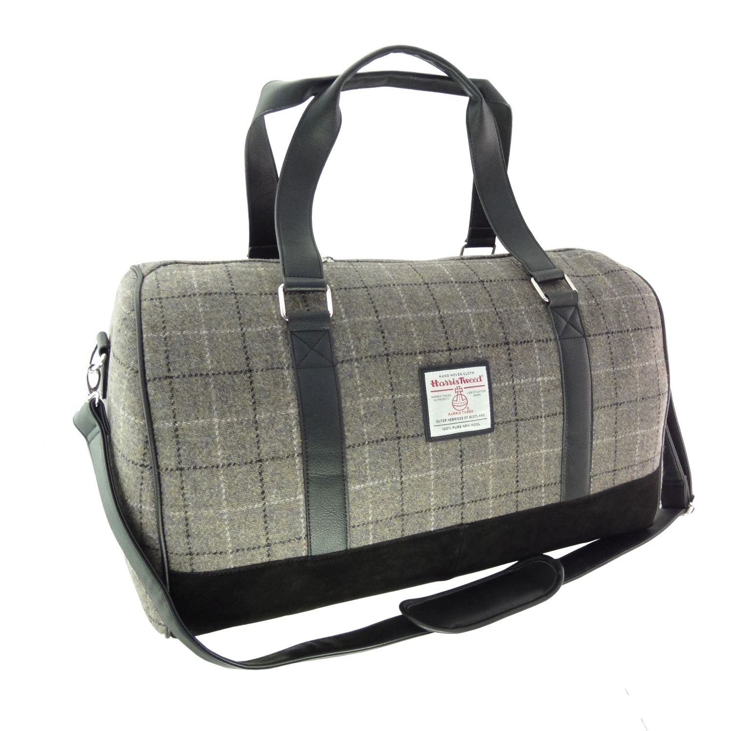 Harris Tweed Clyde Weekend Bag – Spacious Wool Travel Holdall - Mink with Black Overcheck (COL031)