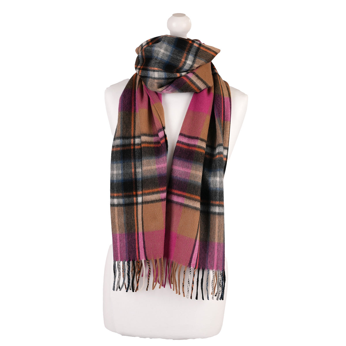 Balmoral 100% Cashmere Woven Scarf Tartan and Checks - Made in Scotland - EXPLODED BRUCE CAMEL