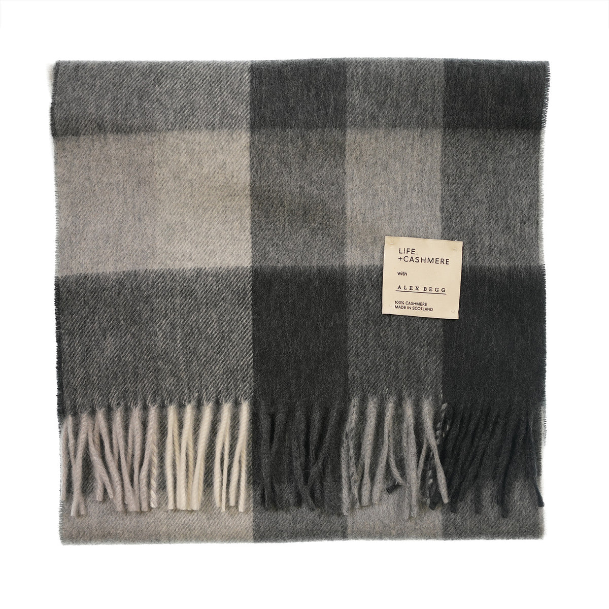 Balmoral 100% Cashmere Woven Scarf Tartan and Checks - Made in Scotland - BLOCK CHECK GREY MIX