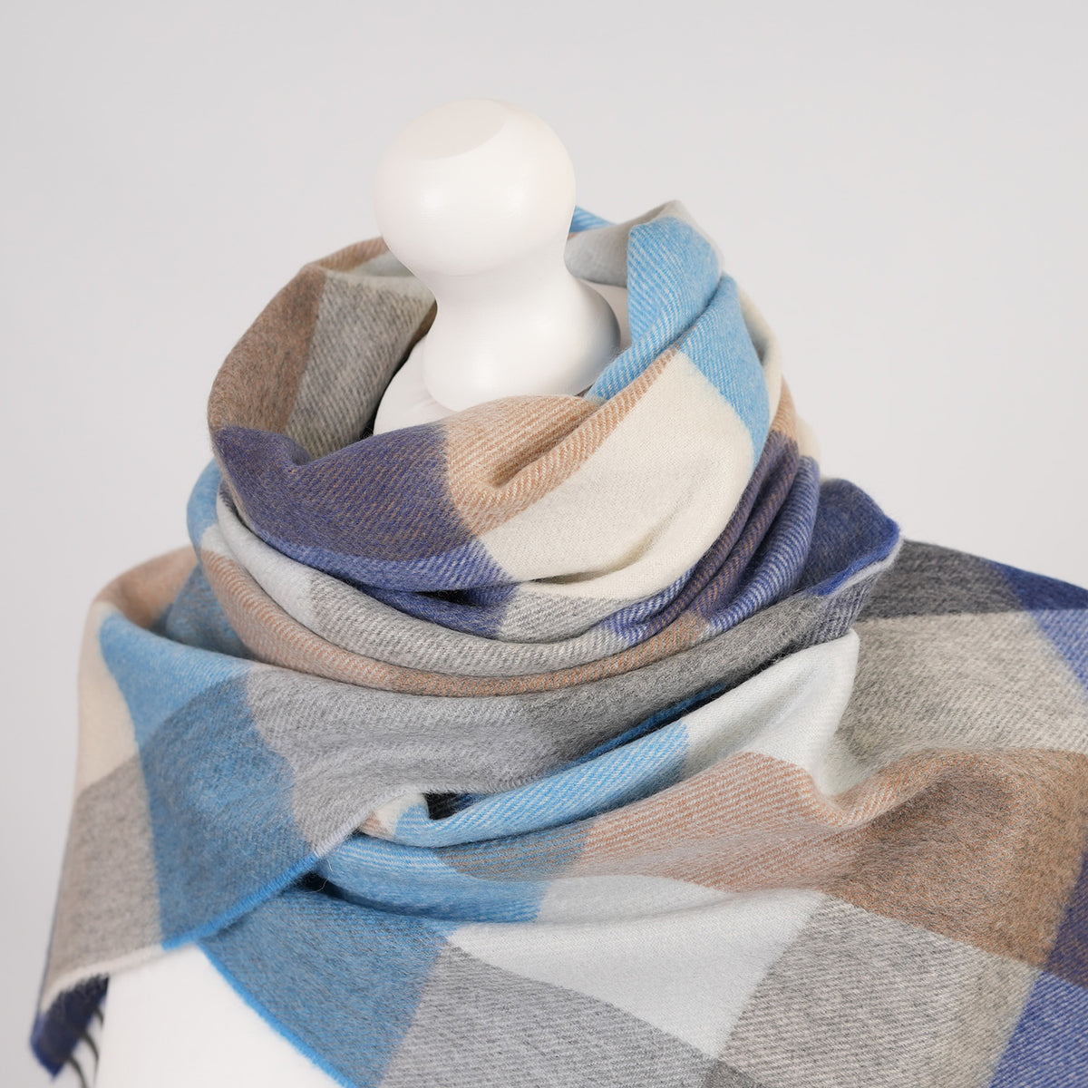 Balmoral 100% Cashmere Woven Scarf Tartan and Checks - Made in Scotland - BLOCK CHECK BLUE