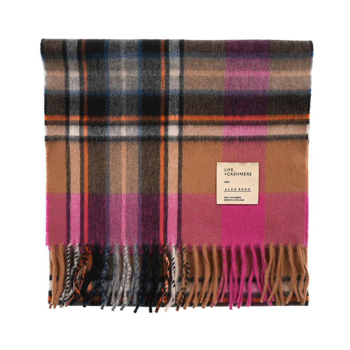 Balmoral 100% Cashmere Woven Scarf Tartan and Checks - Made in Scotland - EXPLODED BRUCE CAMEL