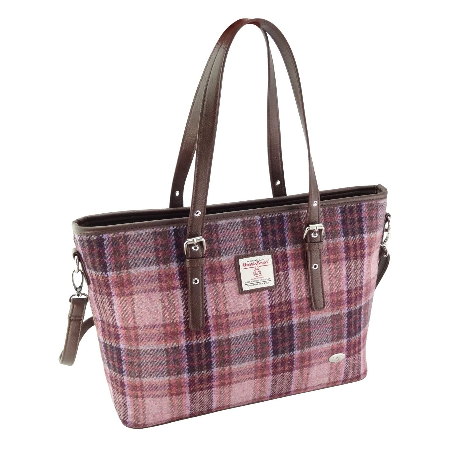 Harris Tweed Spey Tote Bag - Large Adjustable Shoulder Tote - Pink/Burgundy Check (COL154)