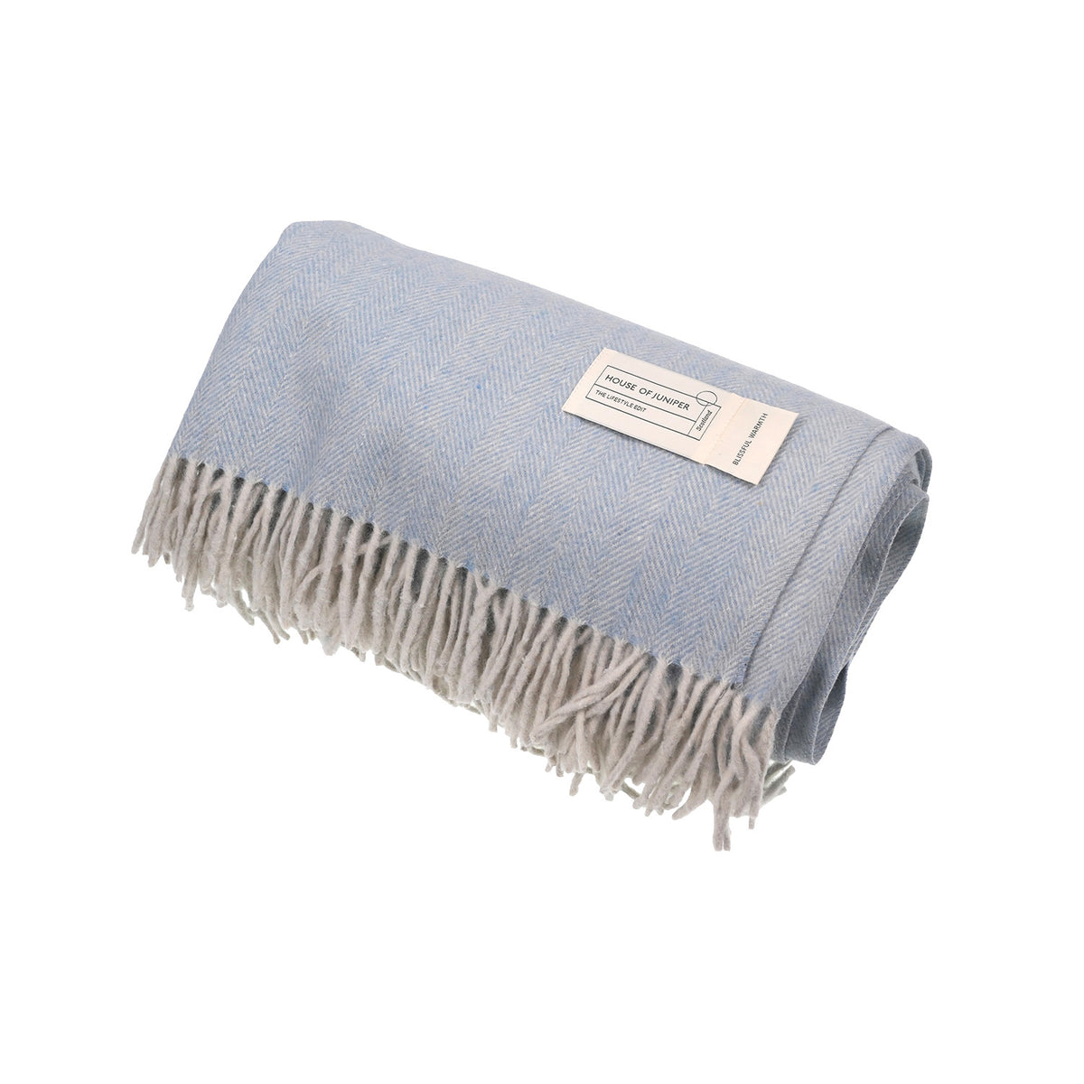 Recycled Wool Herringbone Blanket with Fringe - Soft Warm Throw - CORNFLOWER