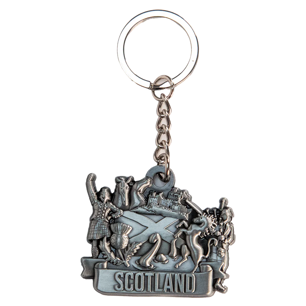 Brushed Metal Scottish Keyring / Keychain – Scotland Piper Collage