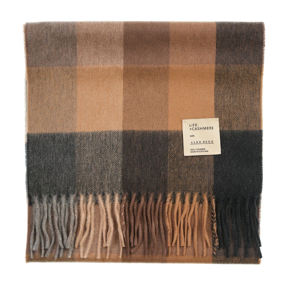 Balmoral 100% Cashmere Woven Scarf Tartan and Checks - Made in Scotland - BLOCK CHECK NATURAL