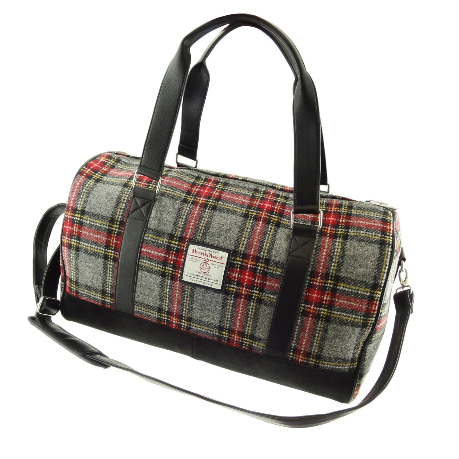 Harris Tweed Clyde Weekend Bag – Spacious Wool Travel Holdall - Grey & Red Tartan (COL096)
