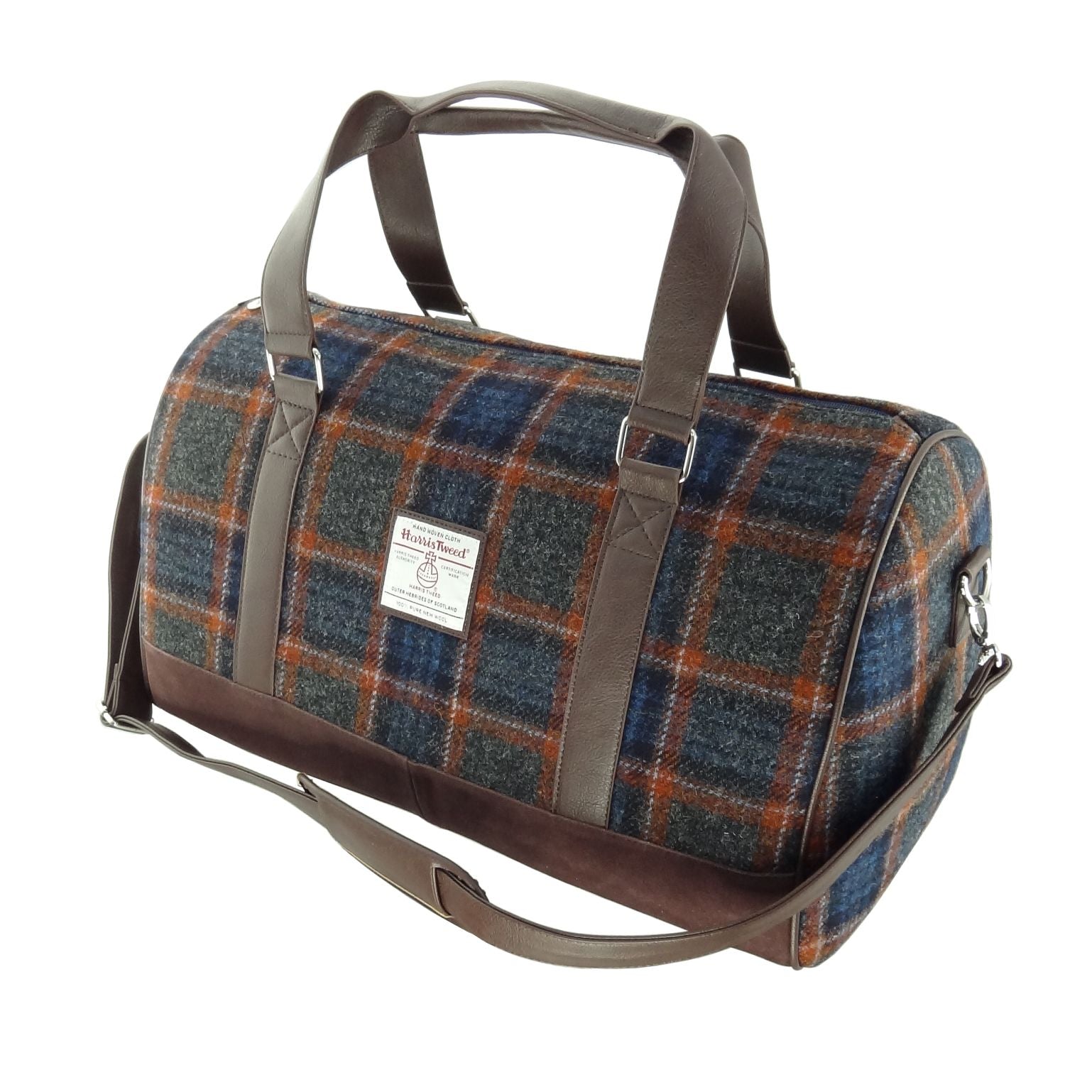 Harris Tweed Clyde Weekend Bag – Spacious Wool Travel Holdall - Grey with Rust Overcheck (COL127)
