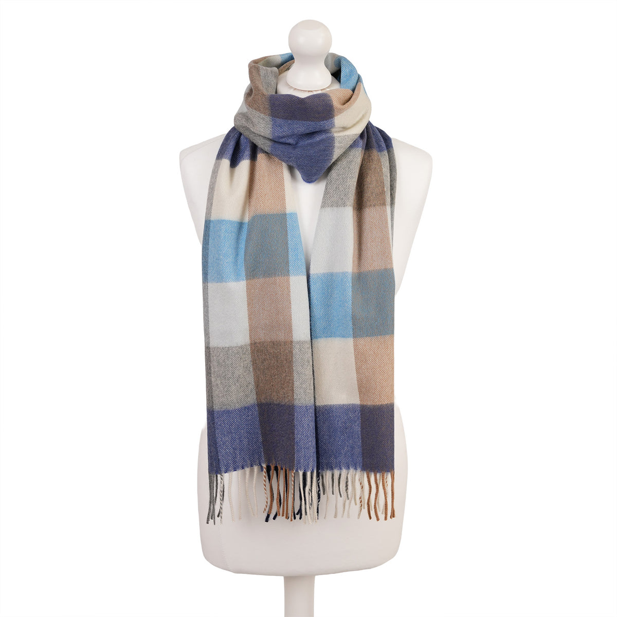 Balmoral 100% Cashmere Woven Scarf Tartan and Checks - Made in Scotland - BLOCK CHECK BLUE
