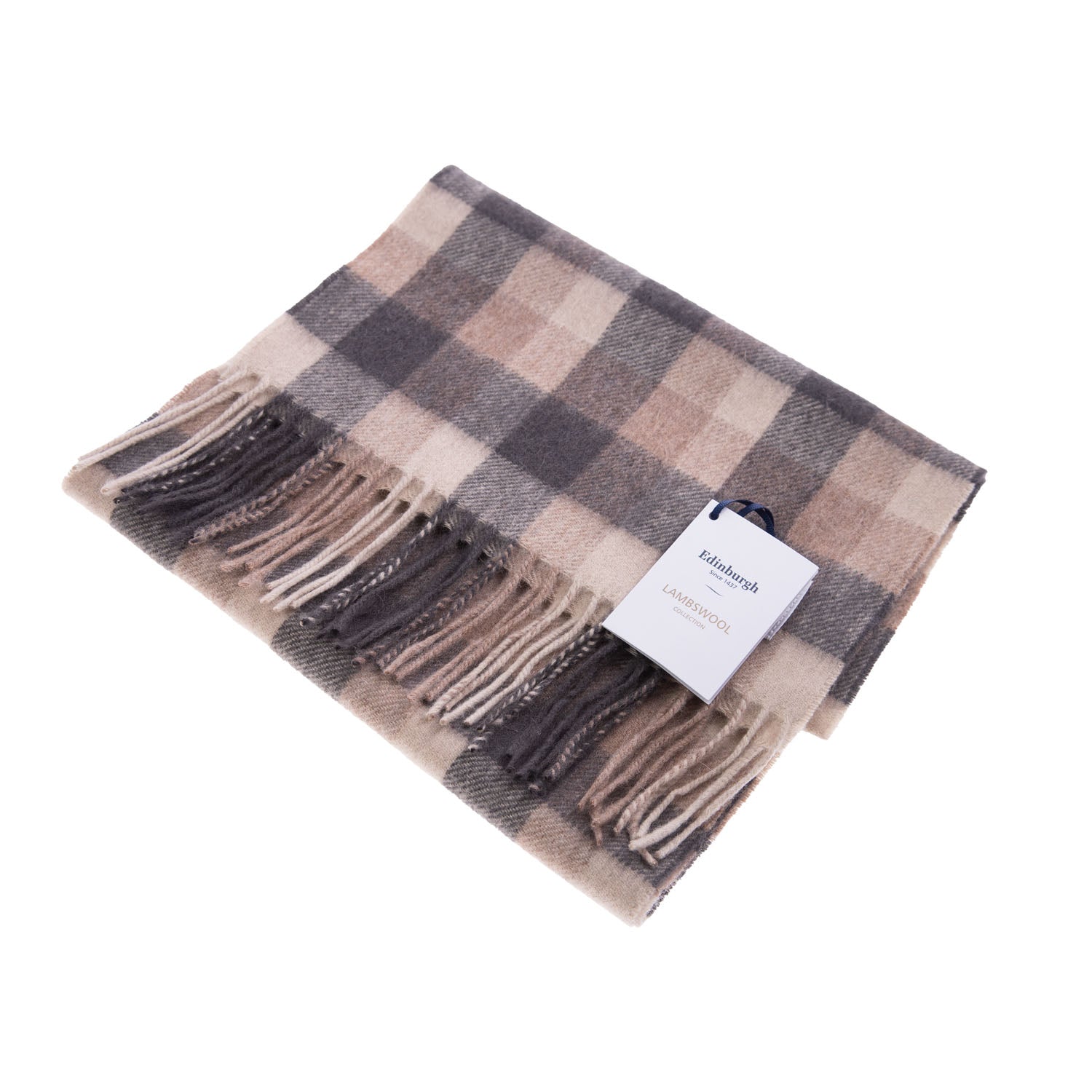 Edinburgh 100% Lambswool Scarf – Premium Soft Wool Wrap - BIG CHECK NATURAL BROWN