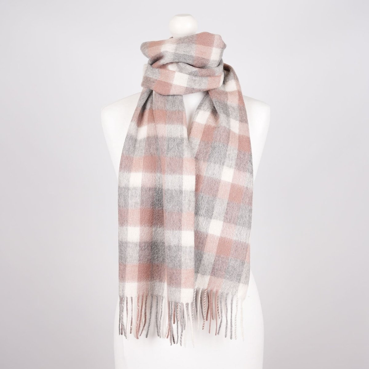 Edinburgh 100% Lambswool Scarf – Premium Soft Wool Wrap - BIG CHECK 27587 MUTED WHITE/PINK