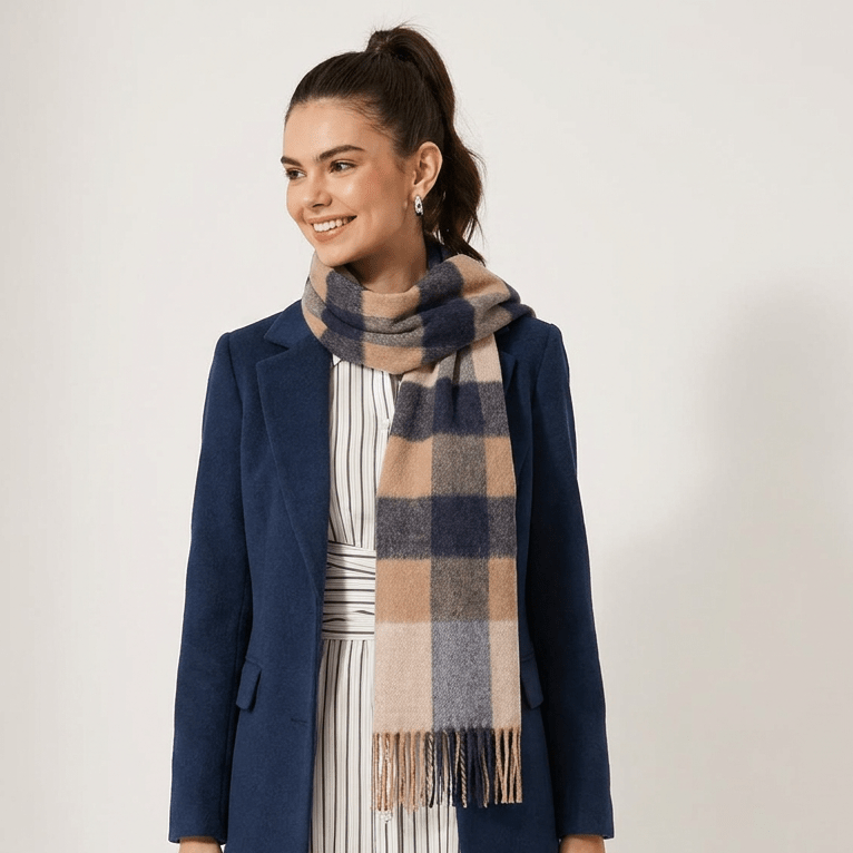 Edinburgh 100% Lambswool Scarf – Premium Soft Wool Wrap - BURSTED CHECK NEUTRAL/NAVY