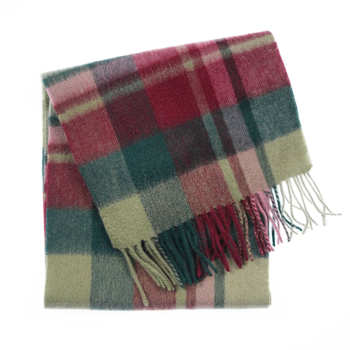 Edinburgh 100% Lambswool Scarf – Premium Soft Wool Wrap - Myriad Check - Khaki/Bordeaux