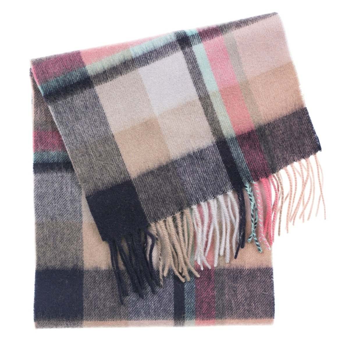 Edinburgh 100% Lambswool Tartan Scarf Myriad Check - Navy/Peony/Aqua