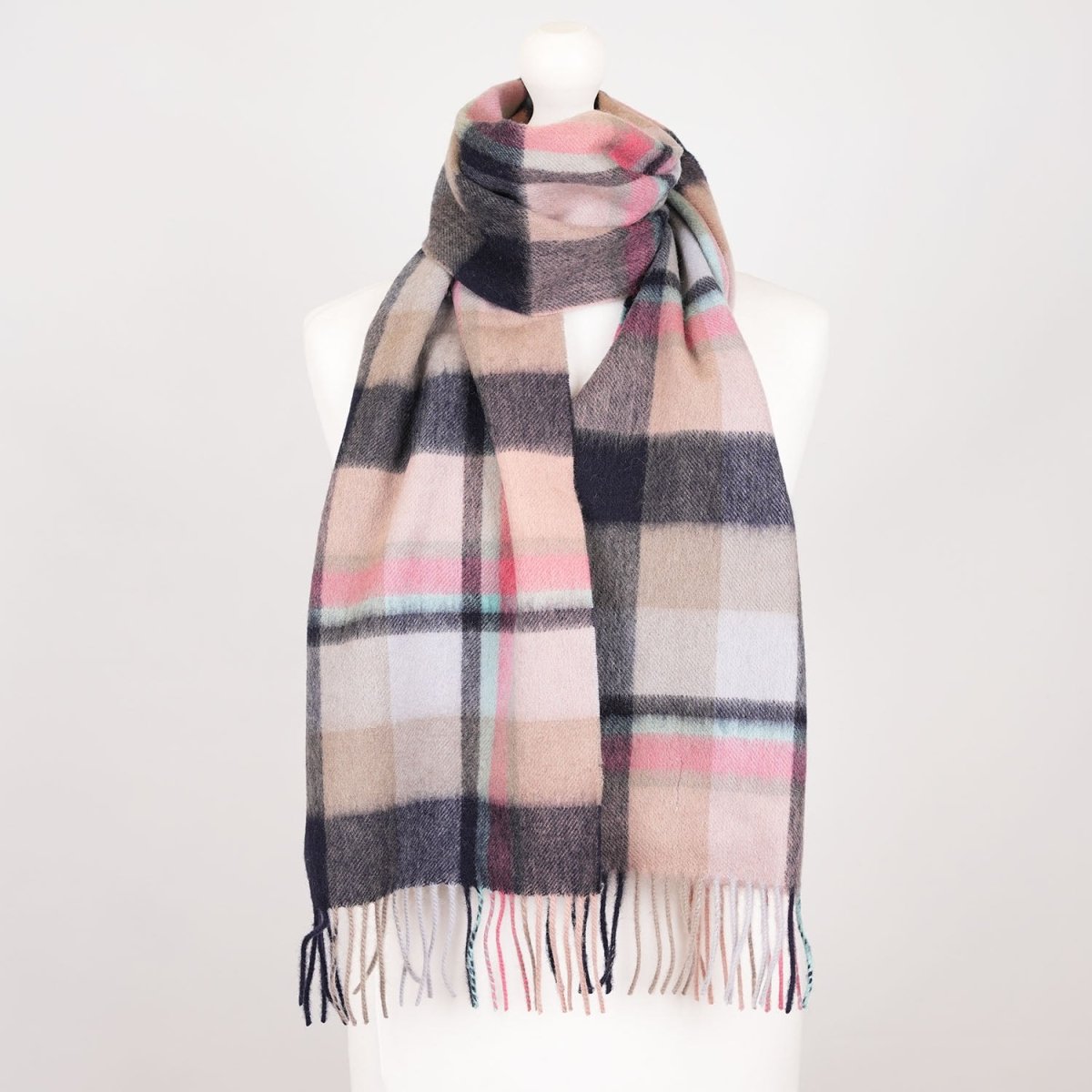 Edinburgh 100% Lambswool Tartan Scarf Myriad Check - Navy/Peony/Aqua