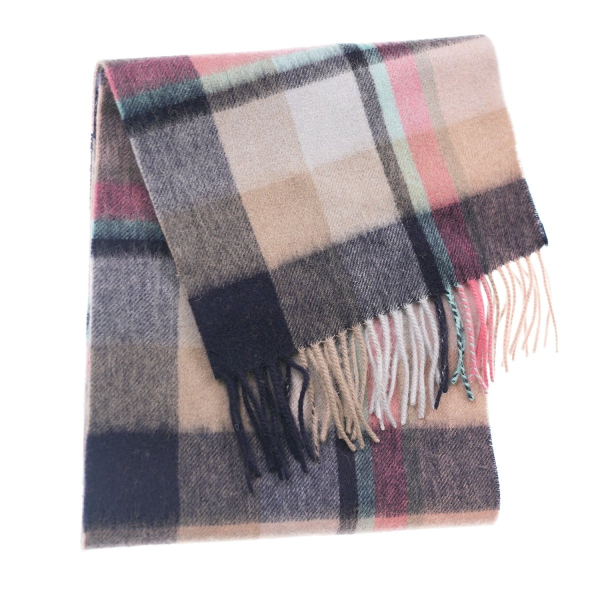 Edinburgh 100% Lambswool Tartan Scarf Myriad Check - Navy/Peony/Aqua