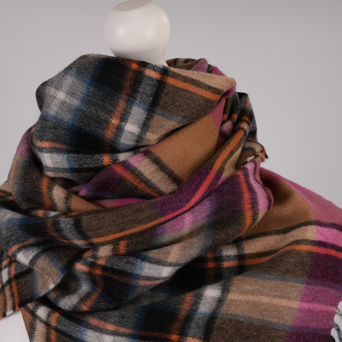Balmoral 100% Cashmere Woven Scarf Tartan and Checks - Made in Scotland - EXPLODED BRUCE CAMEL