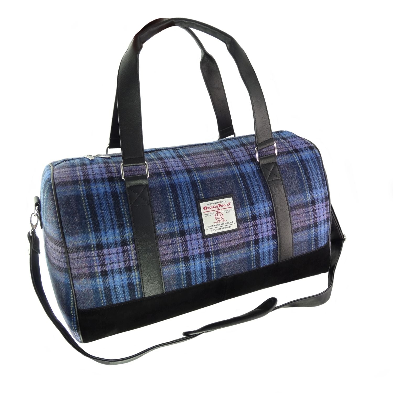 Harris Tweed Clyde Weekend Bag – Spacious Wool Travel Holdall - Blue & Purple Stewart Tartan (COL143)