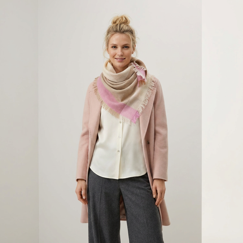 Earthy Block 100% Cashmere Square Scarf - PINK
