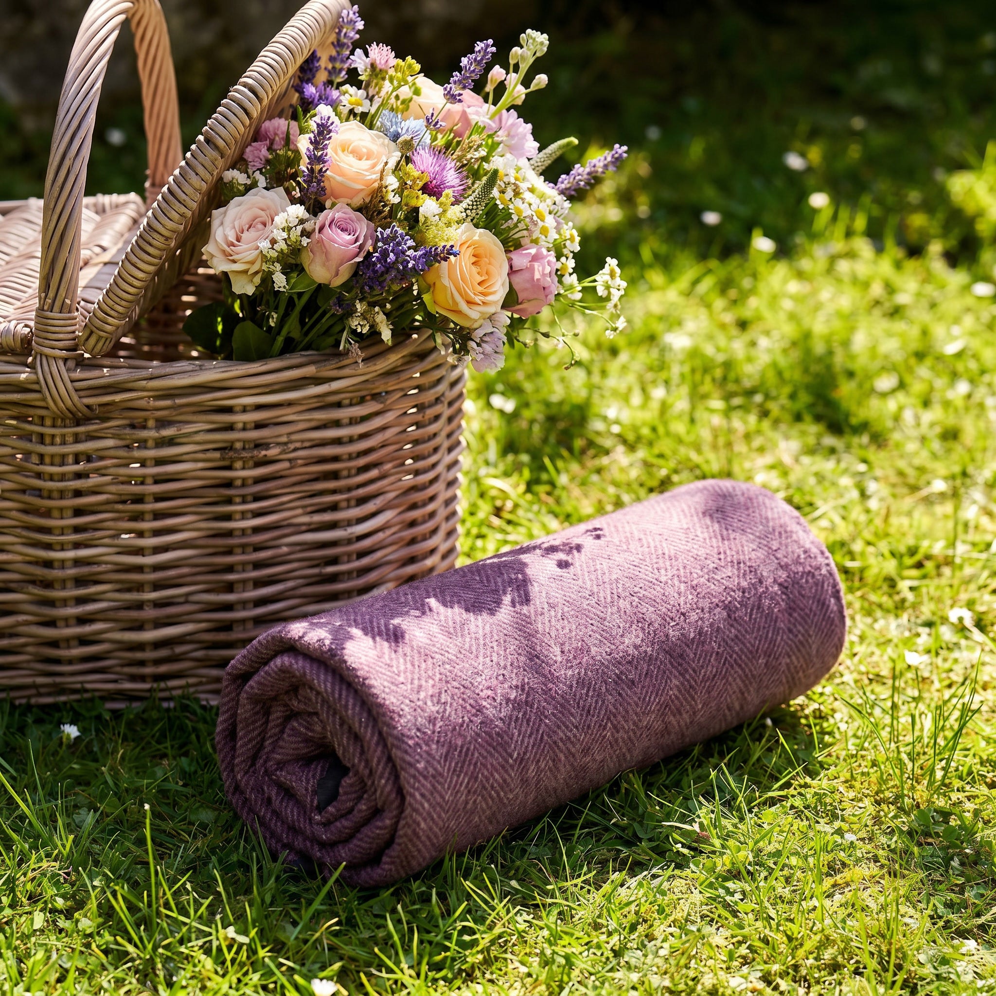 Woodside Foldaway Picnic Blanket with Carry Strap – Recycled Wool - GRAPE