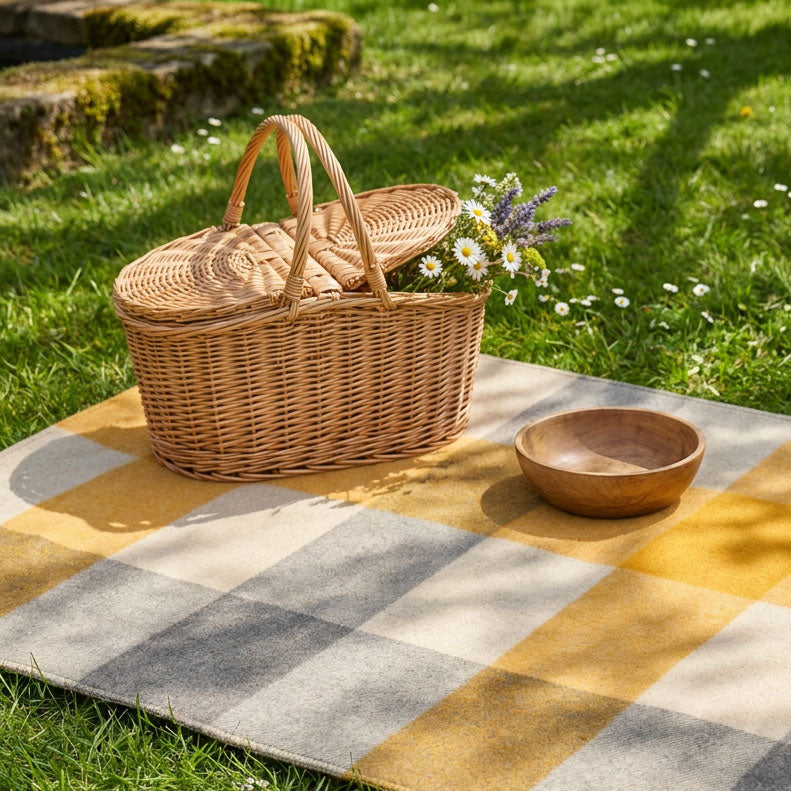Woodside Purple Check Foldaway Picnic Blanket with Carry Strap – Recycled Wool - OCHRE AND NATURAL