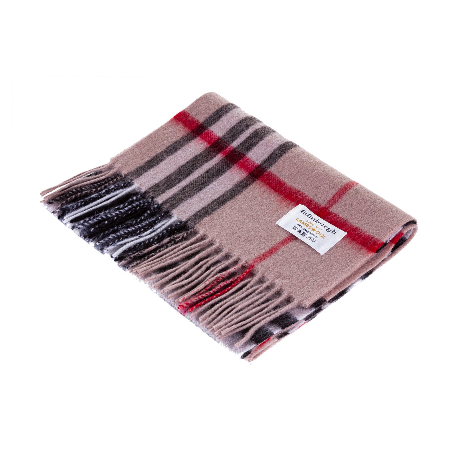 Edinburgh 100% Lambswool Tartan Scarf Enlarged Off Ctr Scotty Thom Camel
