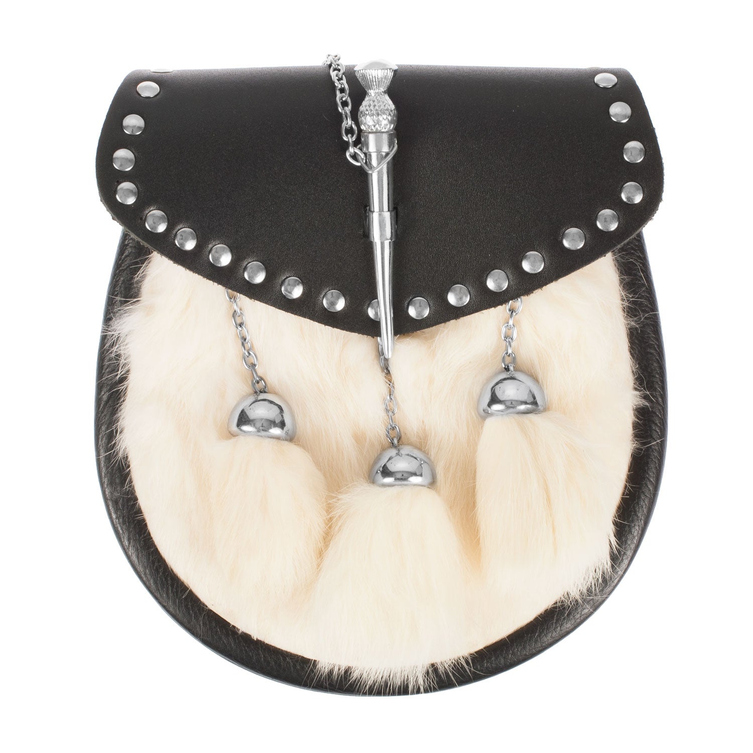 Half Dress Studded Pin And Chain Sporran Rabbit Fur (White)